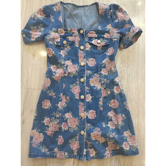 Denim Floral Print Short Sleeves Dress - Picture 1 of 5
